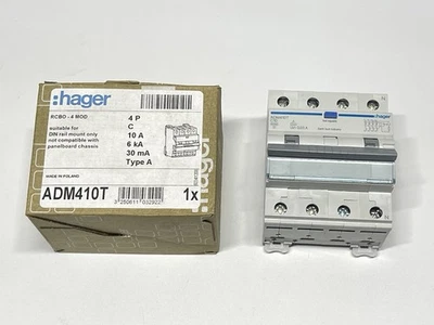 Hager 4 Mod ADM410T 4P C Curve 10A 6kA Type A 30mA RCBO RCD MCB C10 4 Pole - Image 1 of 4