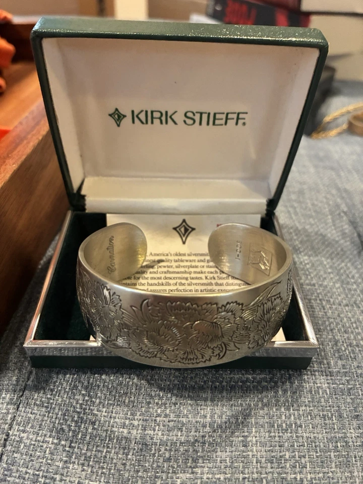 Vintage Kirk Stieff Pewter Carnation Floral Cuff Bracelet 900-1 With Box - Image 1 of 4
