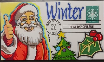 2024 Winter Whimsy First Day Cover~ Hand Drawn Colored 1/1~ Santa 🎅 Holidays  - Image 1 of 2
