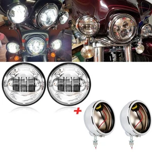 2x 4.5 Inch Chrome LED Spot Fog Passing Light Lamp Housing Bucket For Harley - Picture 1 of 12
