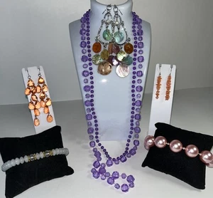 Jewelry Lot 7 Pieces Pastels Crystals Pearls Shells Dangle Dainty Lightweight - Picture 1 of 4