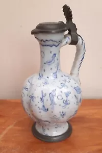 18thC German Faience Fayence Small Ewer Jug Pewter Mounts Nuremberg Signed - Picture 1 of 8
