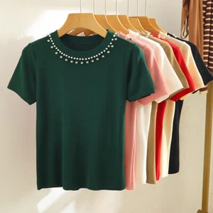 T-shirt maglia donna top tinta unita estiva manica corta perline casual top sottile - Foto 1 di 13