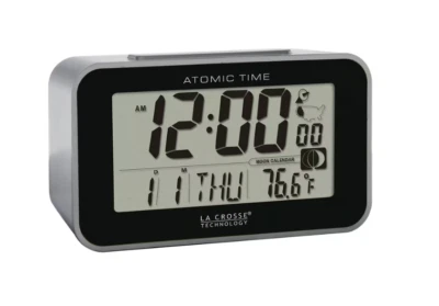 La Crosse Atomic Digital Alarm Clock Indoor Temp Moon Phase Travel Silver - Image 1 of 4