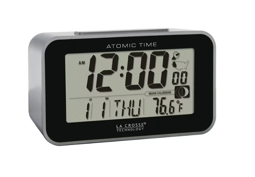 La Crosse Atomic Digital Alarm Clock Indoor Temp Moon Phase Travel Silver - Image 1 of 4