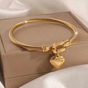 18K Gold Stainless Steel Heart Charm Bangle Bracelet Women's Pendant Jewelry - Picture 1 of 5