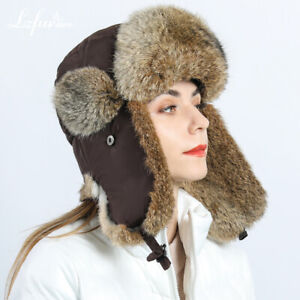 Women's Real Rabbit Fur Russian Ushanka Hats Winter Aviator Trapper Warm Ski Cap