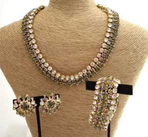 Vintage HOBE Rhinestone Necklace Bracelet & Clip Earring Set Clear Pink Green - Picture 1 of 11