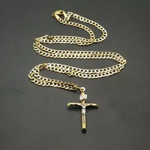 Solid 14k Two Tone Gold Miami Curb Chain With 24" Crucifix Two Tone Pendant 1.5" - Picture 1 of 7