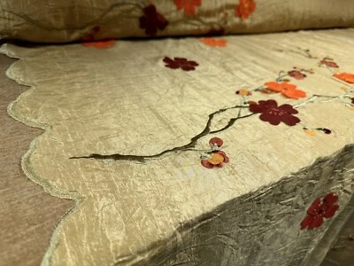 Taft Kunstseide Stoff, Meterware - bestickte Blütenbordüre Applikation - gold - Bild 1 von 4