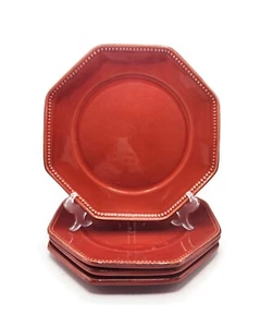 Vintage French Terre e Provence Red Octagonal Bead Rim Plates, S/4 - Picture 1 of 9