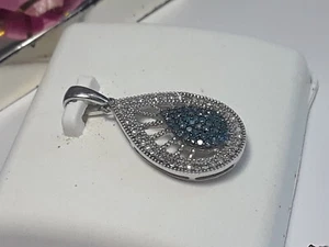 .25cttw Blue & White Diamond filligree Tear drop 10KT White Gold Pendant #19870 - Picture 1 of 4