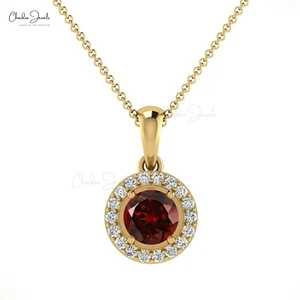 Natural Garnet Halo Pendant 14k Real Gold Diamond Pendant Fine Jewelry For Women - Picture 1 of 22