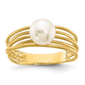 14k Yellow Gold 7-8mm Round White Freshwater Cultured Pearl Brushed Ring Size 7 - Picture 1 of 6