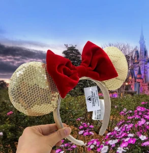 Girl Gift 2019 Sequins Gold Minnie Ears Disney Parks Red Bow Rare Headband - Picture 1 of 8
