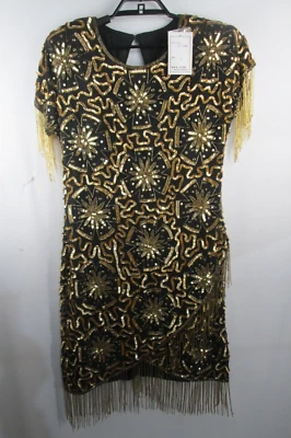 Vestido De Colección Años 90 Lentejuelas Seda Cóctel Fiesta Talla M Negro Dorado Flecos Cervelle Nuevo Con Etiquetas Foto 1 de 4