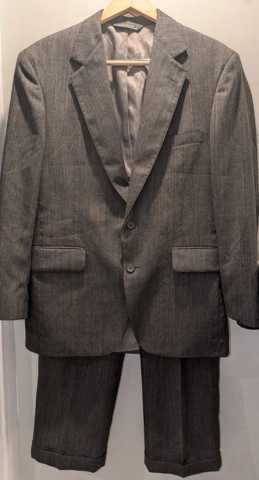 Vtg John Alexander 44R 33x29 Charcoal Stripe USA Wool Mens Jacket Pants Suit - Image 1 of 4