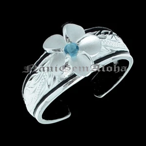 Hawaiian 925 Sterling Silver 2 black line & 8mm Plumeria Scroll Toe Ring Blue CZ - Picture 1 of 1