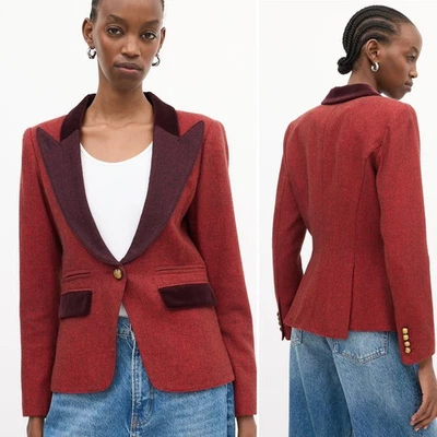 Smythe Duchess Tweed Peaked Lapel Velvet Trim Blazer Jacket Red Burgundy Size 6 - Image 1 of 4