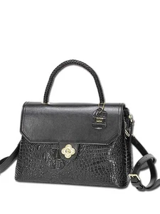 MC HANDBAGS #1022 BLACK Croco Embossed 2 Tone Genuine Leather Flap Satchel - Picture 1 of 1