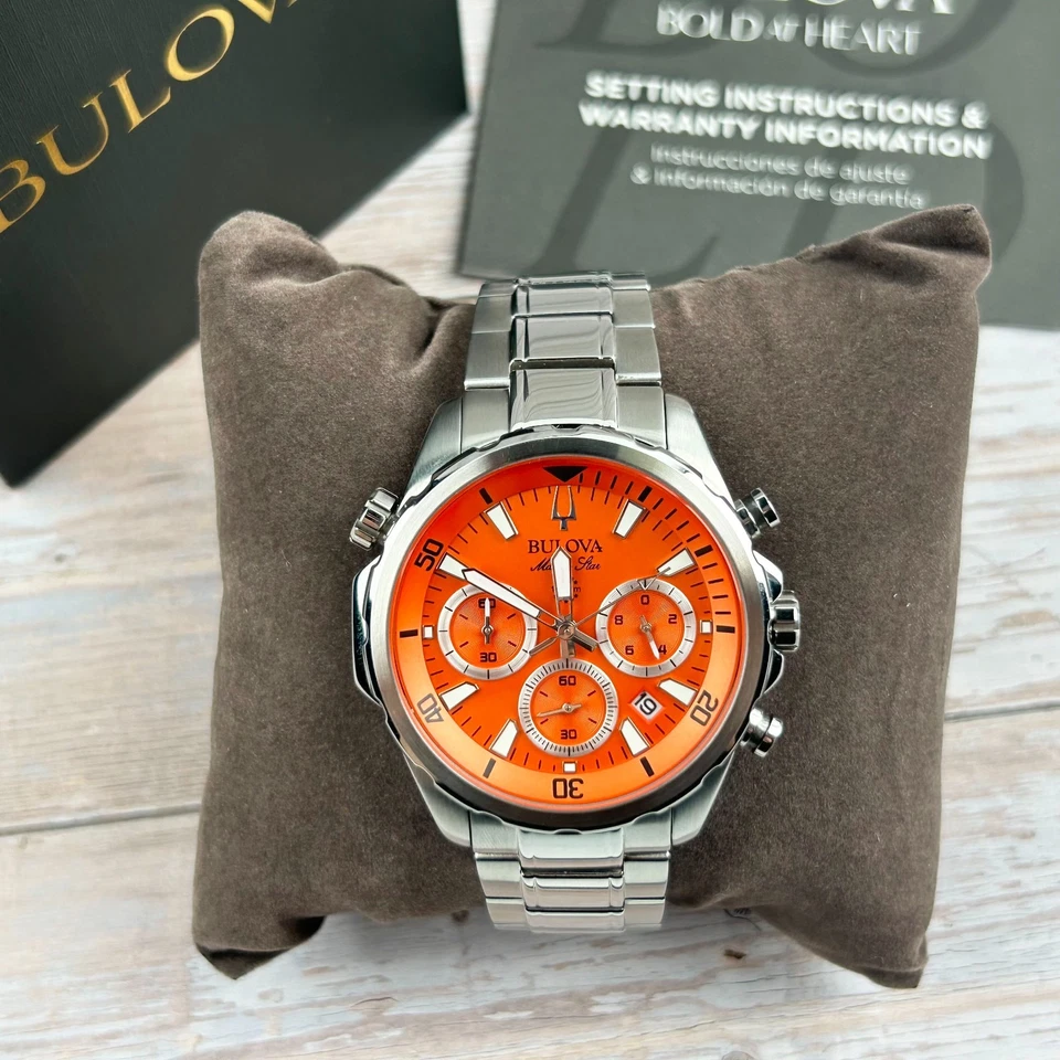 Bulova Marine Star Series B 44mm Orange Dial Silver-Tone Stainless Steel Strap Watch for Men (96B395)