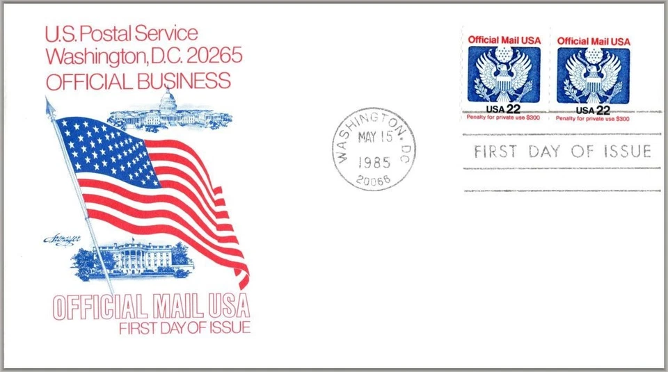 1985 Official Mail 22c Sc O136 coil pair with Artmaster FDC flag eagle & shield - Image 1 of 1