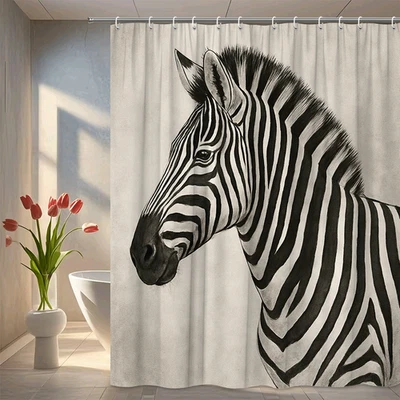 Cortina de ducha con estampado de cebra en blanco y negro para decoración de baño Foto 1 de 4