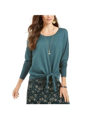 Suéter pequeño STYLE & COMPANY para mujer verde con lazo delantero manga larga cuello redondo PM Foto 1 de 3