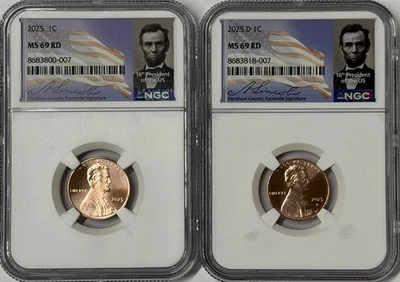 2025 P & D Lincoln Shield NGC MS69 RD 2 Coin Set Signature Portrait Labels - Image 1 of 3