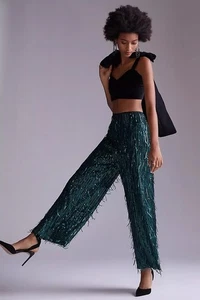 Neu mit Etikett Maeve by Anthropologie Partyhose grün Pailletten Fransen Größe 16W PLUS - Bild 1 von 7