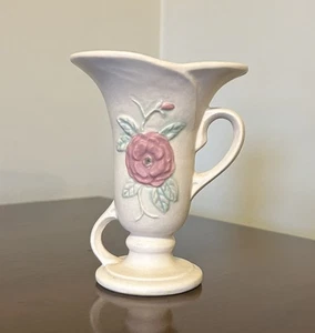 VTG Hull Art Pottery Camellia Open Rose White Double Handle 4 3/4” Bud Vase #127 - Picture 1 of 9