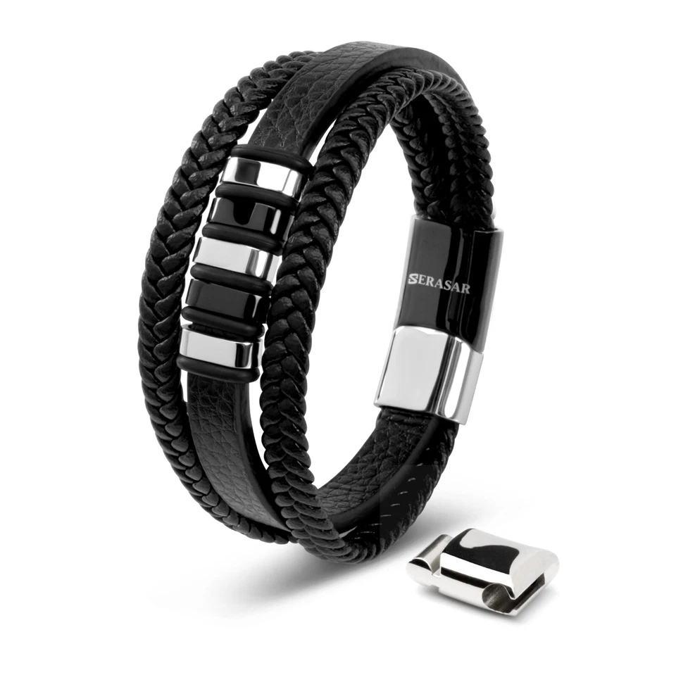 SERASAR | Pulsera de cuero premium para hombre [Gloria] - plata/negro y dorado/negro Foto 1 de 1