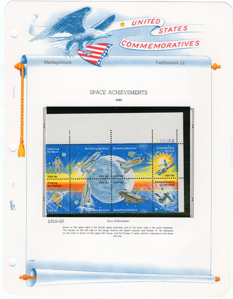 Scott #1919a Space Achievement Plate Block - White Ace Booklet Pane Mount - MNH - Image 1 of 1
