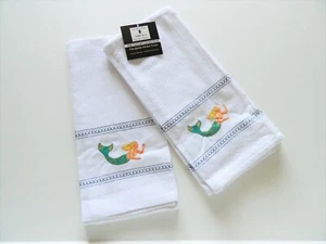 Mermaid Embroidered Tea Kitchen Towel Pair 2 Cotton - Picture 1 of 3