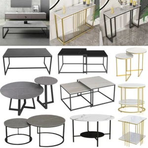 Rectangle Round Marble Coffee Table Anti-stain Nesting Accent Table Metal Frame - Picture 1 of 62