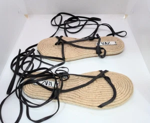 ZARA Women's Gladiator Sandals Jute Espadrille Lace Up Leather Sizr 41 NEW - Picture 1 of 8