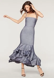 MILLY Blue Stretch Denim Linen Viscose Apron Ruffle Hem Bodycon Midi Dress 6 = S - Picture 1 of 10