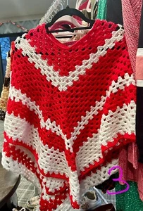 Homemade Crochet,red With White Poncho.One Size . Fit Small Medium & large Adult - Picture 1 of 1