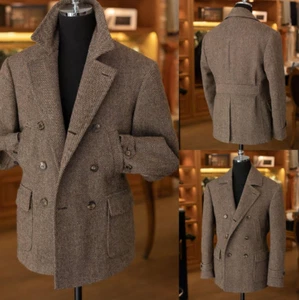 Men's Classic Herringbone Coat Wool Blend Topcoat Double Breasted Long Peacoat - Picture 1 of 6