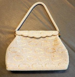 Vtg 1950-1960s Ivory Seed & Gold Bugle Beaded Handbag Purse Hinged Closure - Picture 1 of 13