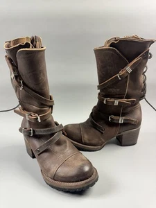 Freebird Cora Boots Womens Size 7 Brown Leather Strap Heeled Combat Distressed - Picture 1 of 14