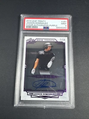 2019 LEAF TRINITY JASSON DOMINGUEZ CLEAR AUTO POP 1 PURPLE SP # 7/10 MINT RC - Image 1 of 3