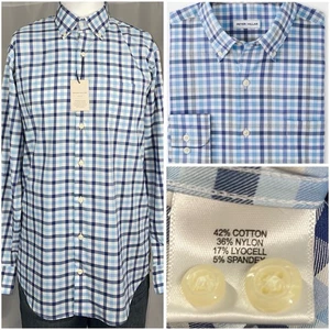 Peter Millar Shirt Men Medium Blue White Gingham Check Button Up Long Sleeve New - Picture 1 of 8