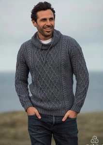 Aran Market Men’s Cowl Neck Sweater Sz M Gray 100% Merino Wool Made In Ireland - Picture 1 of 10