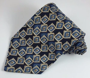 XMI klassische Herrenkrawatte marineblau gold beige geometrische Quadrate gebraucht, in einwandfreiem Zustand - Bild 1 von 3