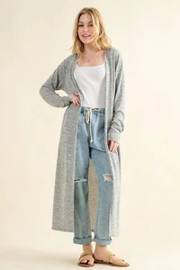 Women's Long Open Front Long Sleeve Knee Length Slit Knit Duster Cardigan - Picture 1 of 8