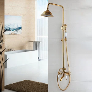 Bathroom Luxury Gold Shower System Set Rainfall Head Tub Mixer Faucet Hand Spray - Picture 1 of 10