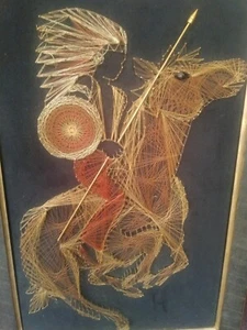 Framed Mid-Century String Folk Art of Indian on Horse - Picture 1 of 3