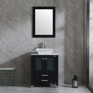 24" Bathroom Vanity Cabinet Ceramic Sink Bowl Basin Black Mirror w/Faucet Drain - Picture 1 of 9