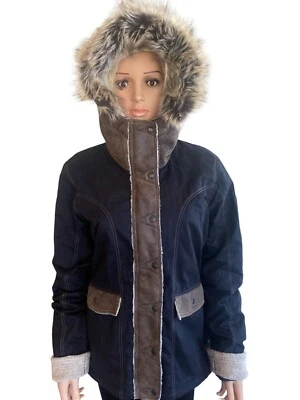 Jaqueta encerada Kuhl Arktik nova com etiquetas L pele sintética lã xerling com capuz corvo $349 preta - Imagem 1 de 4